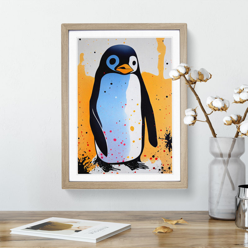 Penguin Graffiti No.2 - Wall Art, 48cm H x 36cm W, Oak Framed Paper, White
