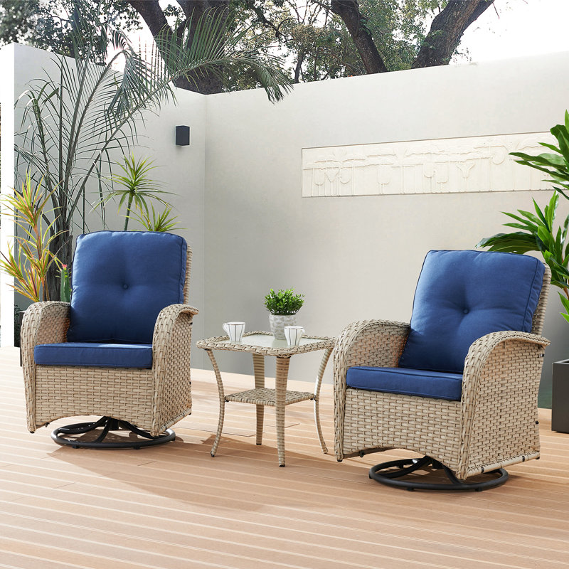 Chaise berçante d'extérieur en osier Dodington, Gris clair, Bleu marine