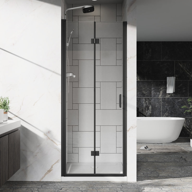 32" - 33.2" Adjustable Width Pivot Glass Shower Door, 6Mm Tempered Clear Glass, Black Finish, Reversible Installation, 180 Internally/Externally Pivot, Bi Folding Hinges, Water Leakage Prevention