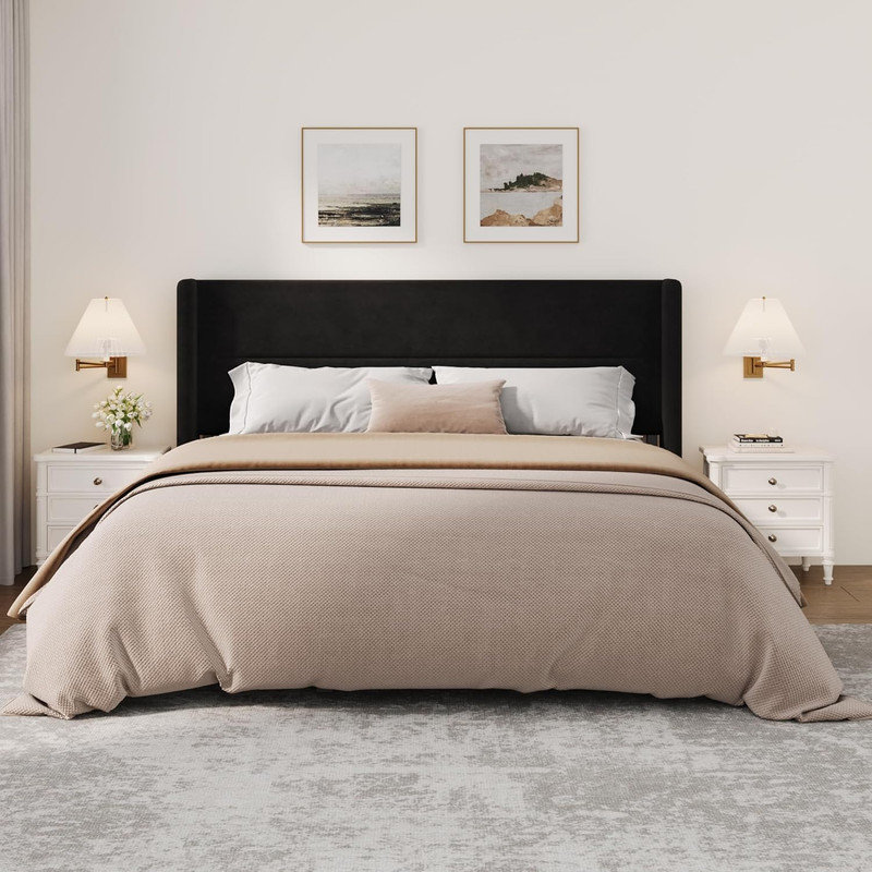 Structure de lit tapissier en velours avec tête de lit à oreilles et lattes de bois, rangement sous le lit de 8 po, aucun sommier nécessaire pour la chambre à coucher