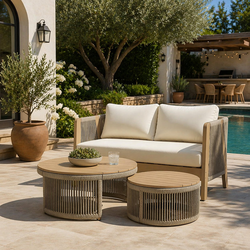 Ensemble de conversation d'extérieur pour patio 3 pièces avec causeuse en bois d'acacia, corde beige tissée à la main et tables basses gigognes pour la cour arrière