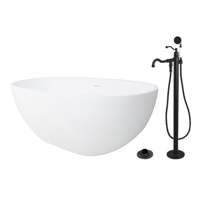 Kingston Brass Arcticstone 65-Inch Solid Surface Oval Double Ended Freestanding Tub With Faucet Combo And Drain