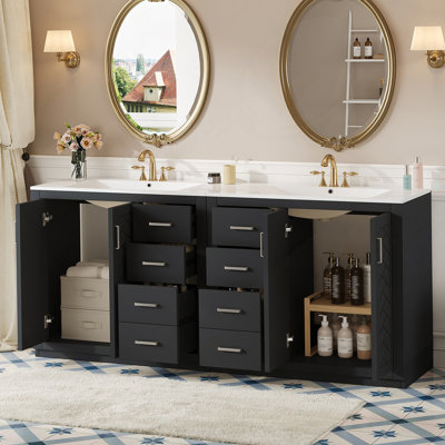 Ensemble de meuble-lavabo autoportant avec lavabo en céramique, structure en bois massif, tiroirs et portes à fermeture douce pour un rangement spacieux