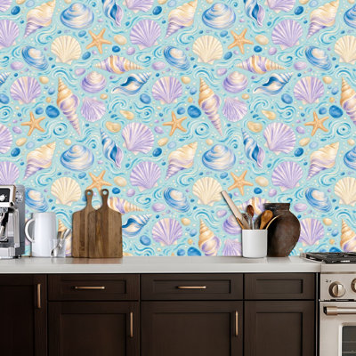 Peel and Stick Wallpaper Seashell Starfish Light Blue Watercolor Style Contact Paper Removable Self Adhesive Wall Mural Wall Decor for Bedroom Kitchen Cabinets 24in x 118in