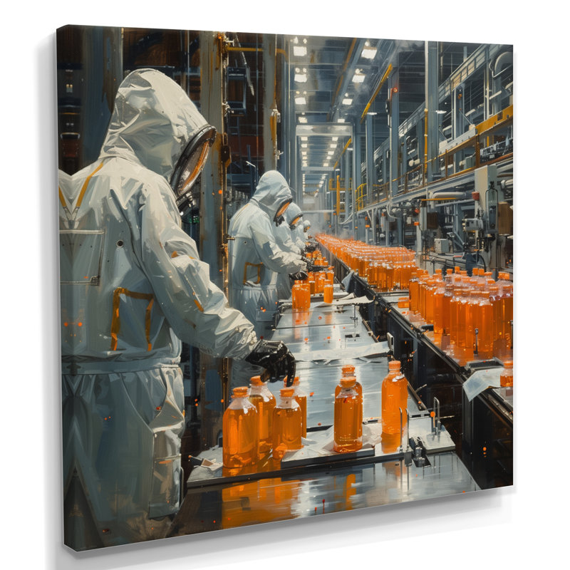 Chaîne de montage orange blanc Ii Factories - usines de décoration murale, Toile tendue, H 16 po x l 16 po x P 1 po