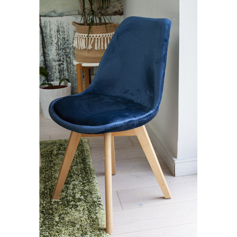 4 Abernethy Velvet Upholstered Dining Chair with Beech Style Legs, Blue