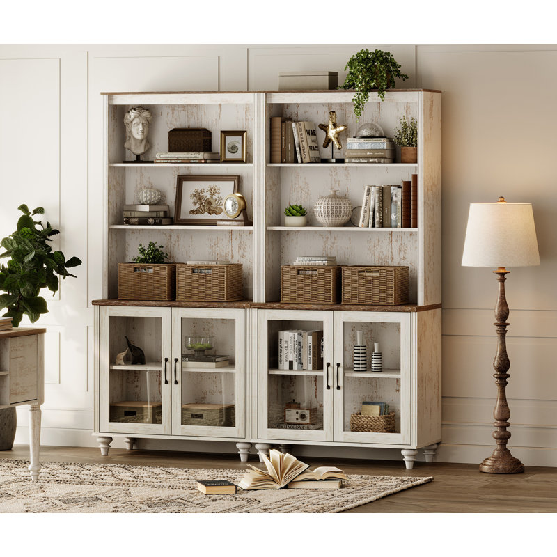 Scarlett 67.7" W 5-Tier Manufactured Wood Bookcase with Glass Storage Cabinets and Gourd Legs (Set of 2) , Rustic White