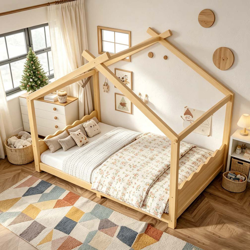 House Floor Bed with Support Slats, Solid Wood House Bed Frame for Kids, No Box Spring Needed and Opening Constructure, Full
