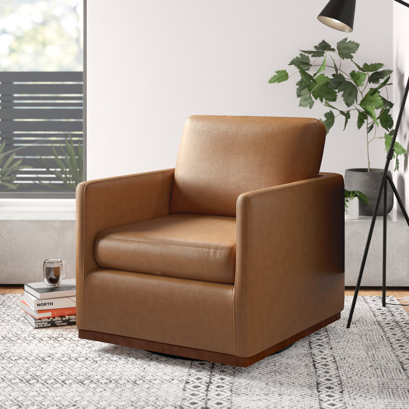 Assiatou Wide Swivel Arm Chair, Saddle Brown Pebbled Genuine Leather