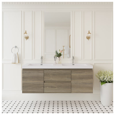 Meuble-lavabo double 60 po avec comptoir à surface solide et tiroirs à fermeture en douceur, gris cendré 60 po