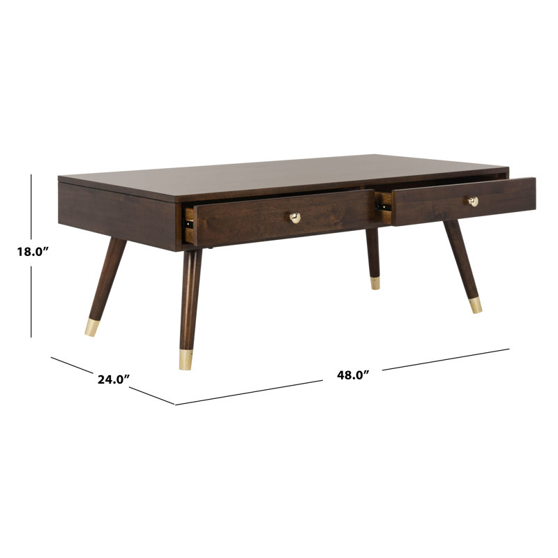 Transitional Mid-Century 48" Brown Wood Coffee Table with Gold Caps