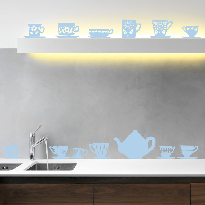 Décalcomanie murale tasses de thé, Bleu poudré, H 32 po x l 33 po x P 0,01 po