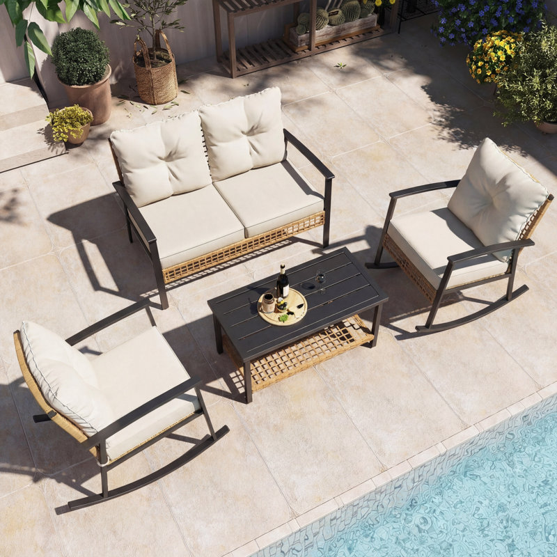 4-piece Patio Conversation Set With Rocking Chairs And Storage Coffee Table For Backyard