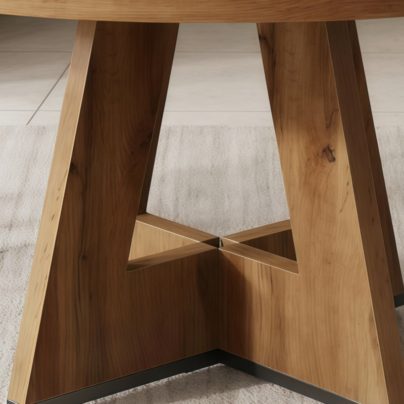 4-Seater Round Wooden Dining Table With A Farmhouse Style, Suitable For Dining Room And Living Room., Natural