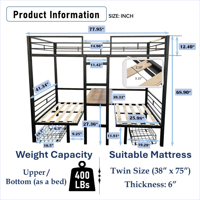 Loft Bed With Table Sets Transformable To Bunk, Twin