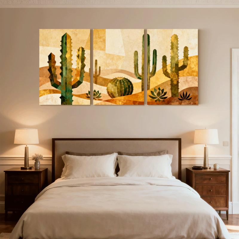 «Cactus Desert Cactus Landscape», ensemble de 3 reproductions d'art sur toile, H 24 po x l 48 po