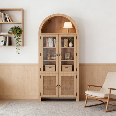 Vitrine moderne avec portes en verre et rangement en rotin, bibliothèque haute de 71 pouces à 6 niveaux avec tablettes réglables, bibliothèque en bois arquée pour le salon, le bureau personnel et la bibliothèque