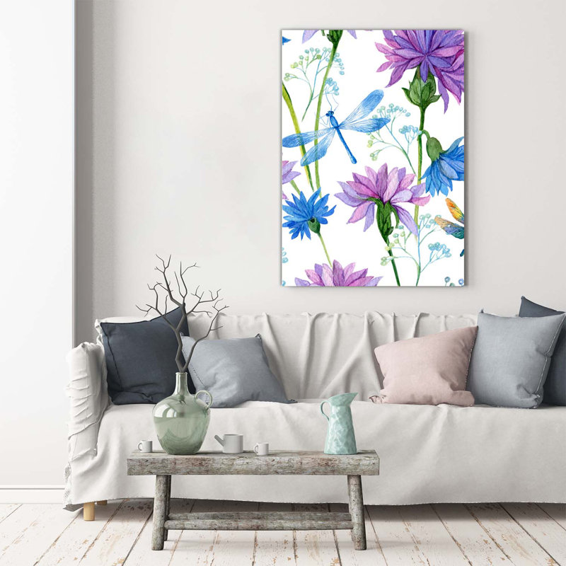 Flowers And Dragonflies - Wrapped Canvas Print