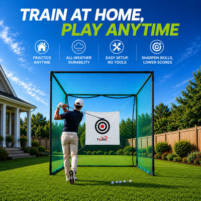 YUNIC Premium Golf Driving Cage with Metal Frame, Target Cloth & Hitting Mat – Heavy Duty Indoor & Outdoor Golf Practice Net for Swing & Chipping Training