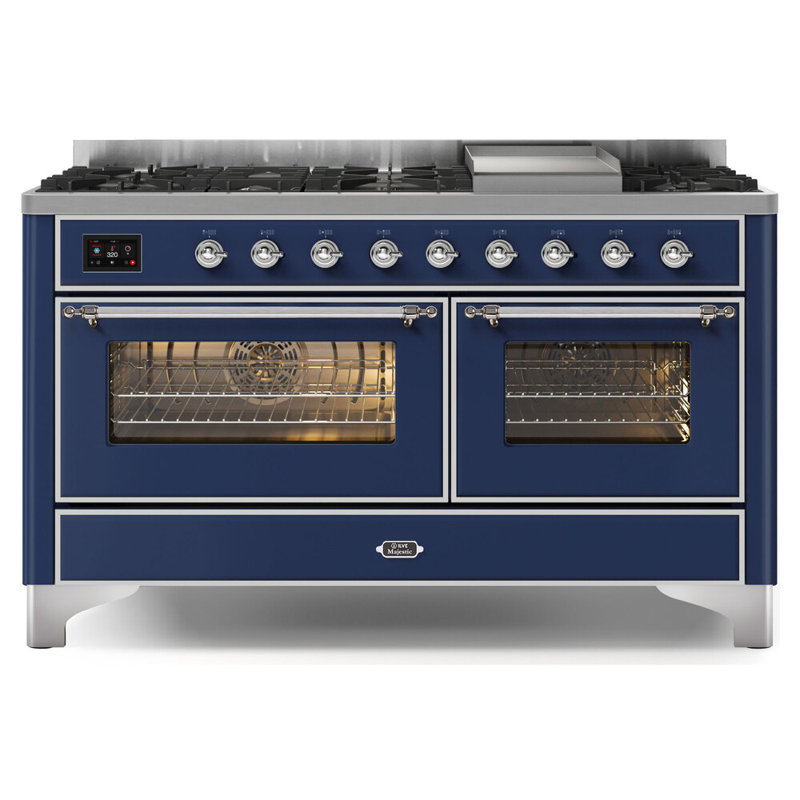 ILVE UM15FDNS3BGG Majestic II 60 inch Dual Fuel Range with 9 Burners, Griddle (Natural Gas, Triple Glass Door, Blue Grey, Brass)