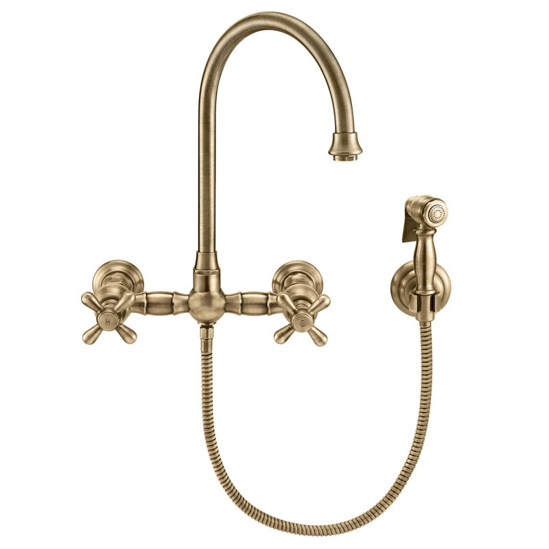 Whitehaus Collection Wall Mount Faucet with Gooseneck Swivel Spout and Solid Brass Side Spray, Antique Brass, Cross Handles