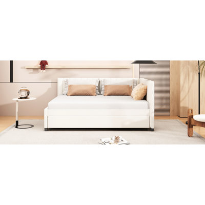 Lit de jour double avec couchette en lin beige, couchette fonctionnelle en lin Relax Style, sans sommier, stable et structure, meubles peu encombrants