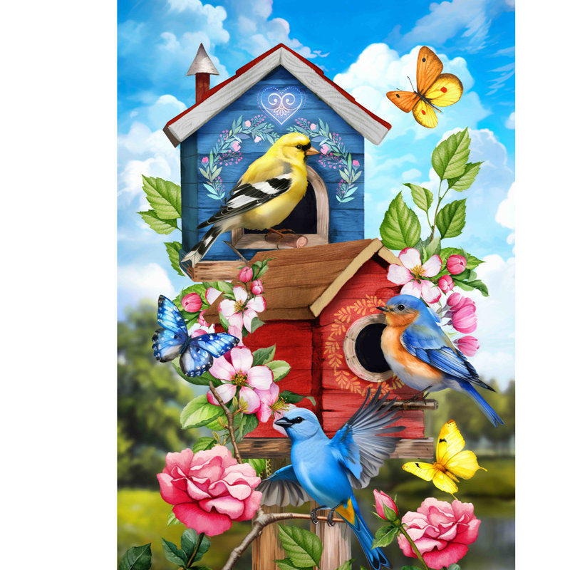 Drapeau floral maison d'oiseaux, Oiseaux bleus/rouges/roses
