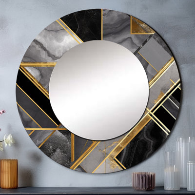 Marbre granit agate avec des touches d'or VI - grand miroir géométrique, miroir mural rond gris, art imprimé en métal
