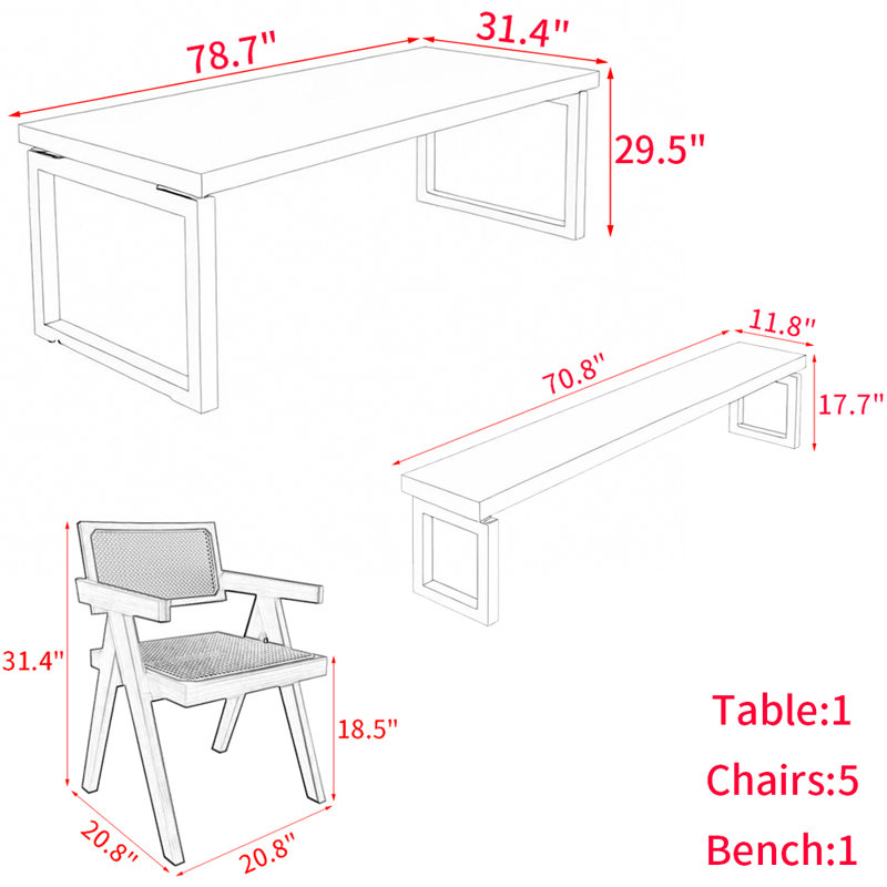 Ensemble de table de salle à manger en bois massif de style nordique, H 29,5 po x L 78,7 po x l 31,4 po