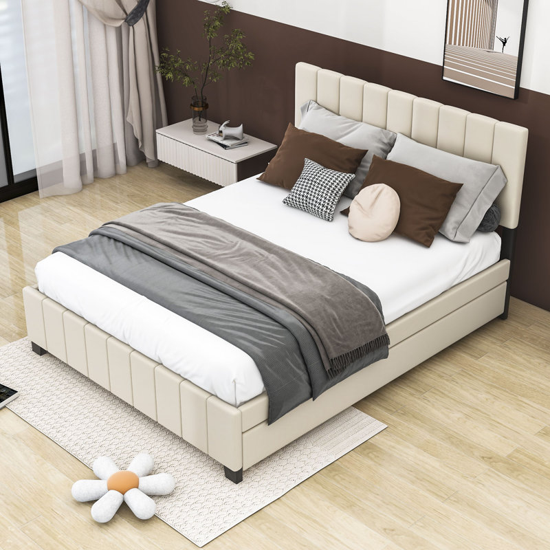 Grand lit plateforme tapissier avec rangement Baylian, Beige