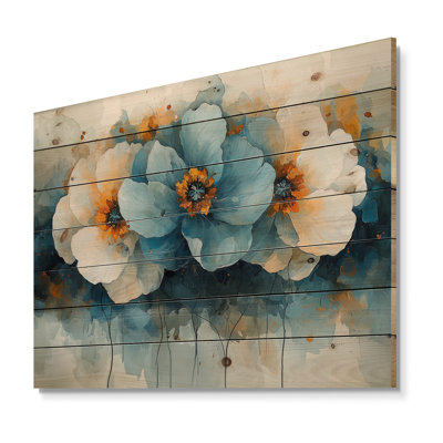 Silent Arrangement Of Poppies Aqua I - Peonies Wood Print - On Natural Pine Wood