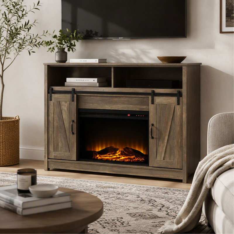 Foyer rustique en chêne avec tablette de rangement, chauffage électrique de style Tobias pour salon