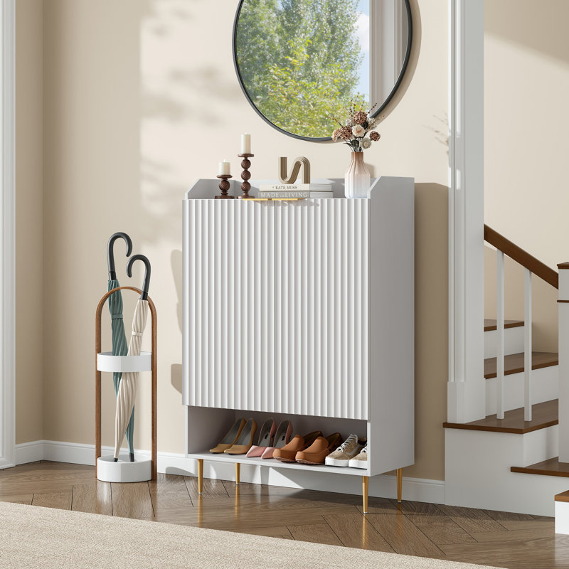 Fluted Modern Shoe Cabinet With Adjustable Shelves And Open Compartment, White