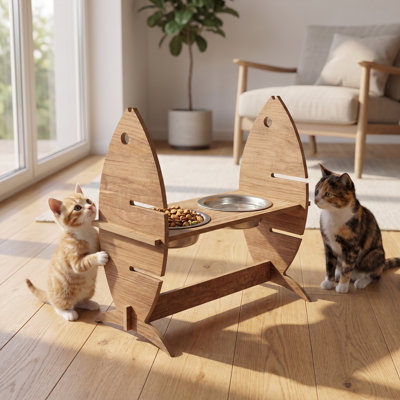 Distributeur double surélevé en bois naturel en forme de poisson, avec bols en acier inoxydable, style côtier