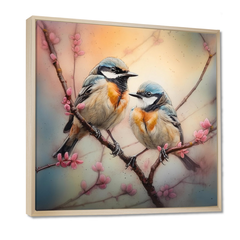 Deux oiseaux bleus sur un arbre en fleurs II - Art mural floral pour salon, H 24 po x l 24 po, Cadre flottant érable