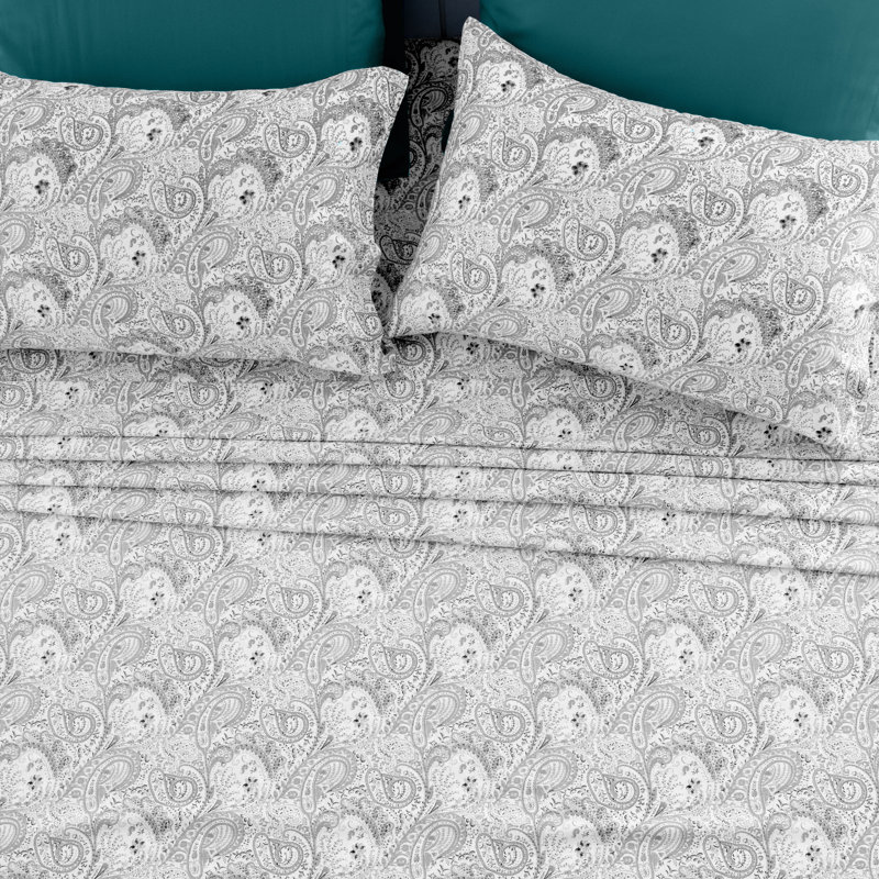 Leeson Microfiber Paisley Sheet Set, Full Sheet Set + 1 Fitted Sheet + 4 Pillowcases, Gray
