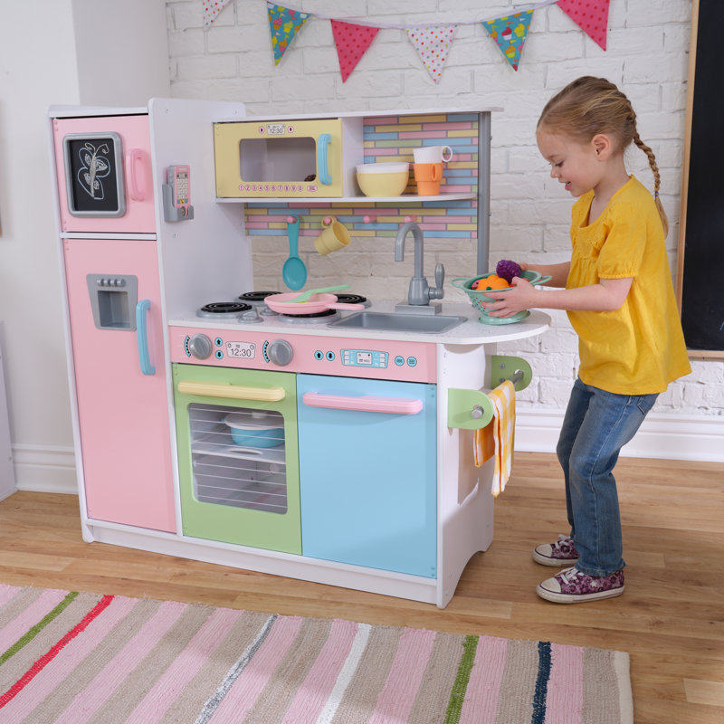 Uptown Pastel Wooden Play Kitchen with Chalkboard, Play Phone, and See-Through Doors