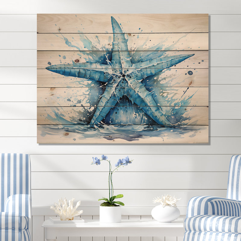 Aquarelle étoile de mer bleue - Étoile de mer sur bois, H 30 po x l 40 po x P 0,78 po