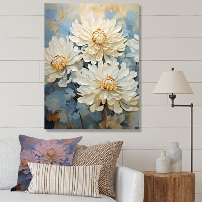 «Blooming White Mums» sur fond bleu sur toile