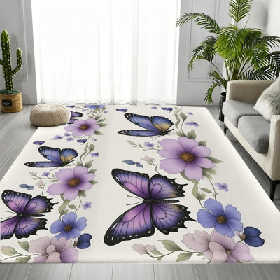 Artistic Watercolor Butterfly Floral Area Rug, Soft Floral Painting Pattern, Soft Durable, Machine Washable Non-Slip Floor Mat, Stylish Indoor Home Decor for Living Room, Bedroom, Entryway, Kitchen, Apartment