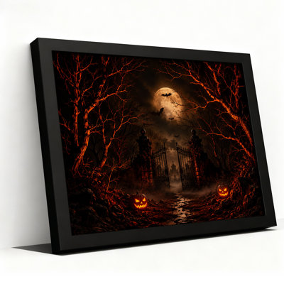 «Jack O Lanterns At Haunted Gate with Bats Under Halloween», art mural sur toile