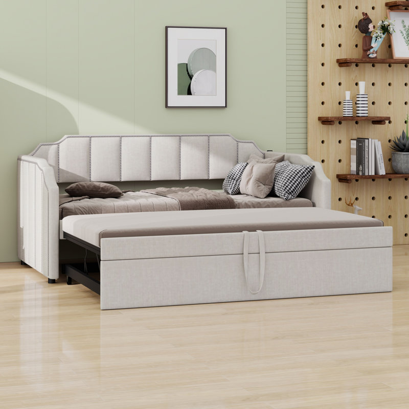 Daybed with Upholstered Design, Pop-Up Trundle, Beige