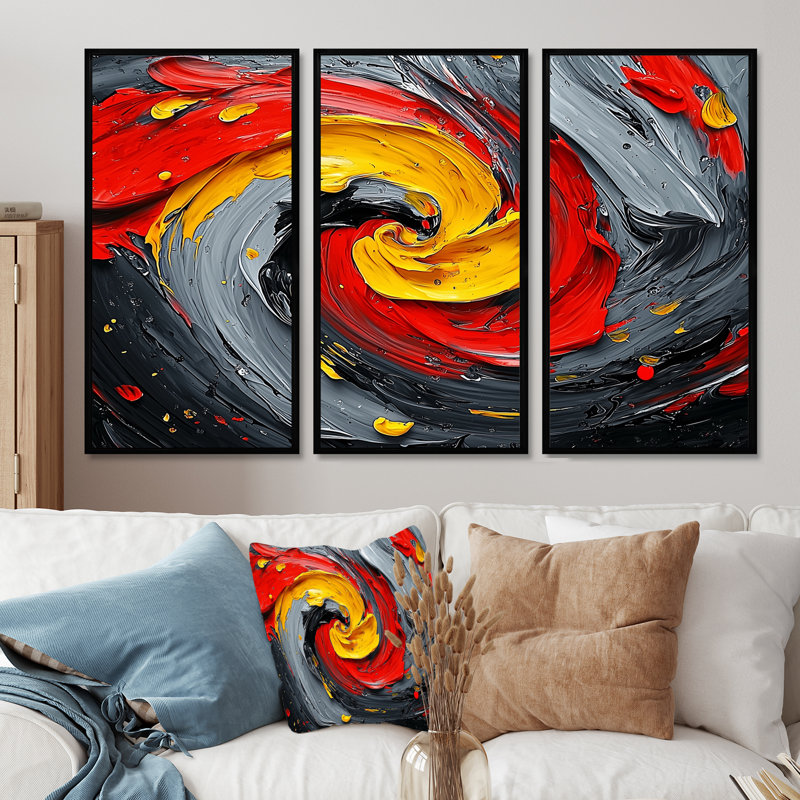 Abstrait volcanique émotif «I» - art mural encadré par suprématisme - ensemble de 3, H 28 po x l 36 po, Noir