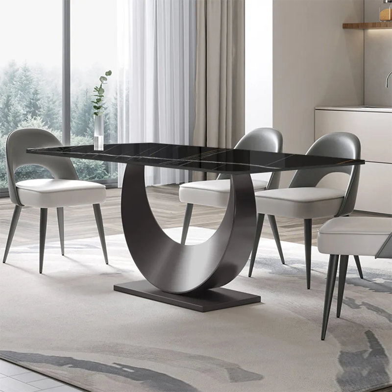 Modern Sintered Stone Dining Table for 6-8 with Pedestal Base, Pre-Assembly, 86.61" L x 39.37" W, Black, Silver