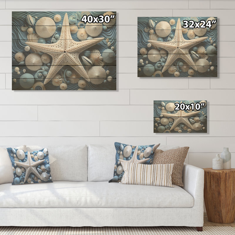 Minimalisme, étoile de mer bleue et blanche - Étoile de mer, art sur bois de pin naturel, H 10 po x l 20 po