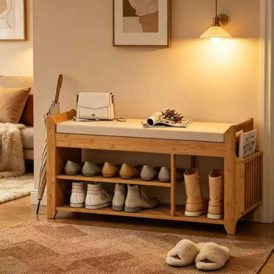 Banc de rangement en bambou avec assise rembourrée, range-chaussures pour couloir