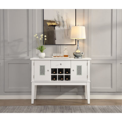 Desserte en faux cristal blanc diamant brillant avec pieds en K, glissière de tiroir latérale en métal 1/2, doublé de feutre, arrêt, verre trempé de 7 mm, bande magnétique de porte, style contemporain simple, facile à nettoyer,