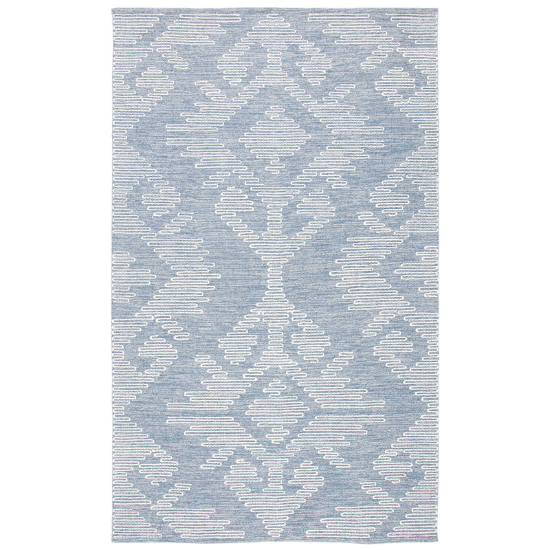 Handwoven Blue and Ivory Wool Cotton Southwestern Rug