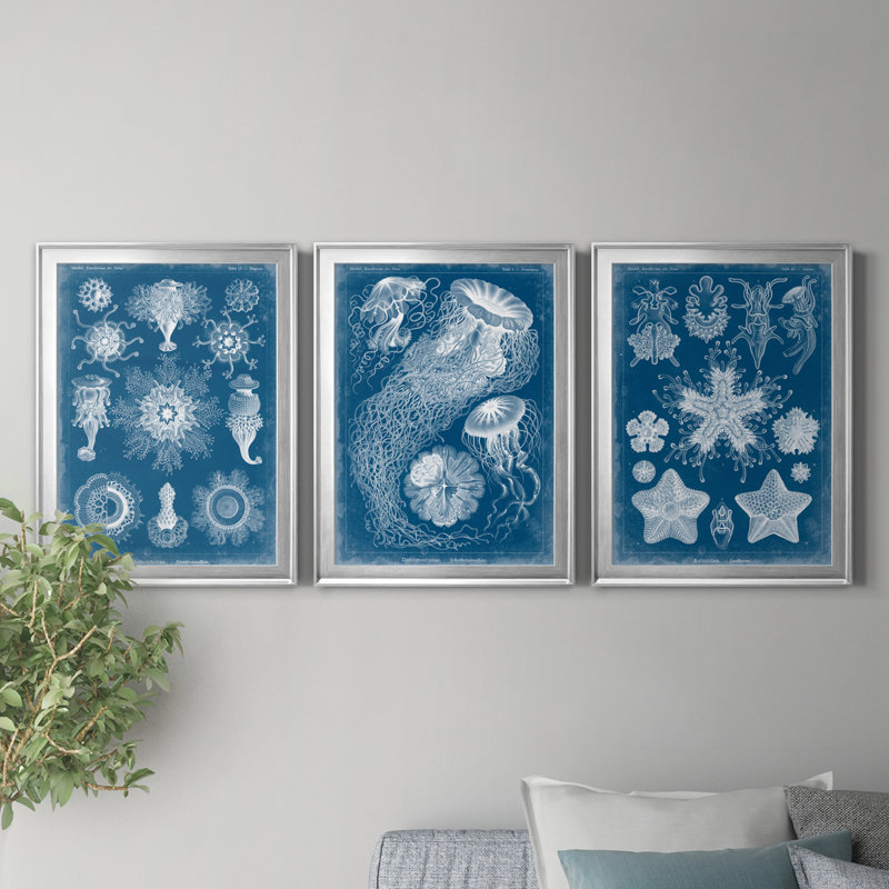 Marine Blueprint I - ensemble de 3 peintures sur toile encadrées, Encadrement argenté, H 18,5 po x l 73,5 po x P 1,5 po