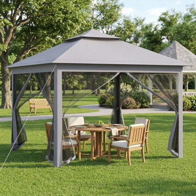 Abri anti-UV imperméable 11 x 11 pieds à 2 niveaux avec auvent pour tente de jardin avec filet en maille respirante et sac de transport pour la terrasse